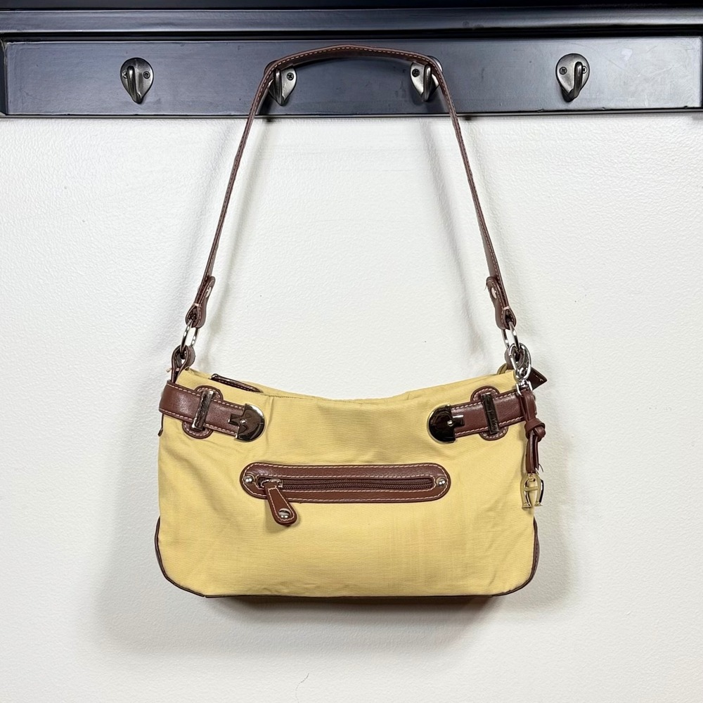 Etienne Aigner Small Shoulder Bag Tan Brown Trim Pockets Buckle Y2K Preppy